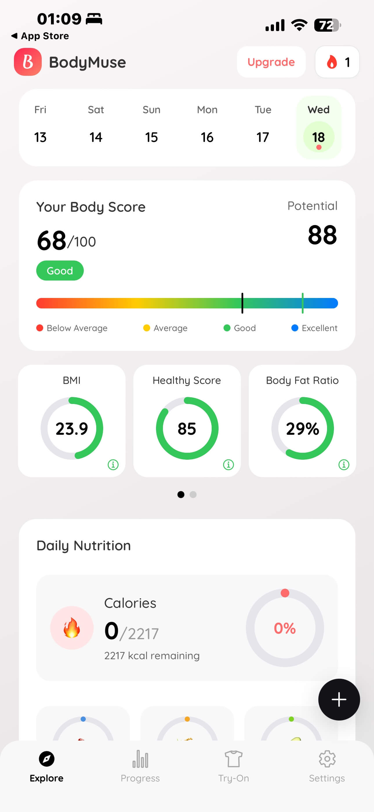 BodyMuse AI body analysis result screen